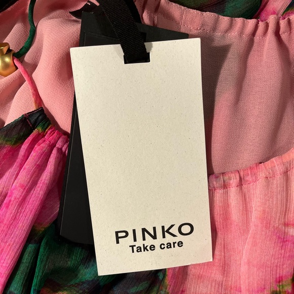 Pinko pink and green printed elastic waist halter maki dress - Picture 4 of 5